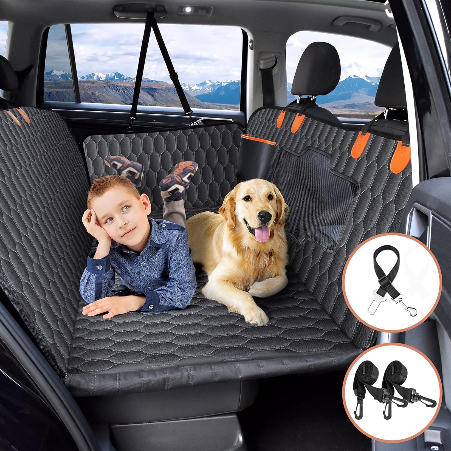 Back Seat Extender for Dogs-Supports 400lb,Waterproof Dog Car Seat Cover Hard Bottom-Detachable,600D Heavy Duty Scratch Proof Nonslip Soft,Dog Hammock for Car,SUVs